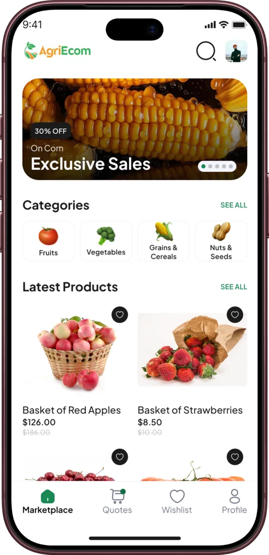 AgriecomB2B marketplace with categories and fresh produce