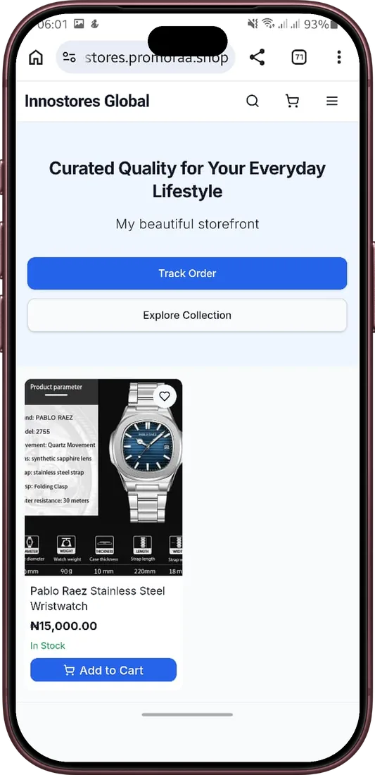 A Promoraa storefront in the phone browser: Innostores Global